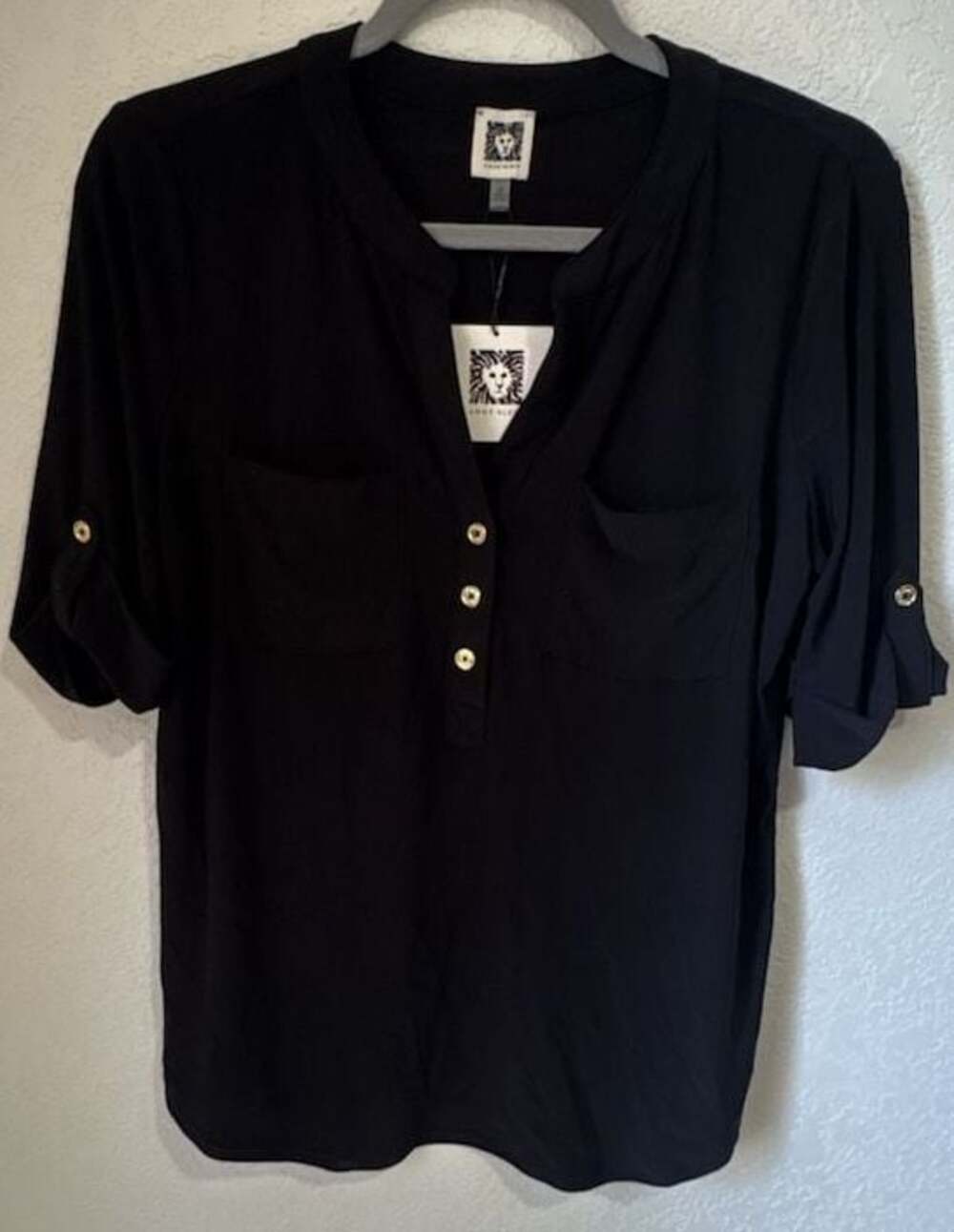 Anne Klein Black Button-Down Top with Pocket and Gold Buttons